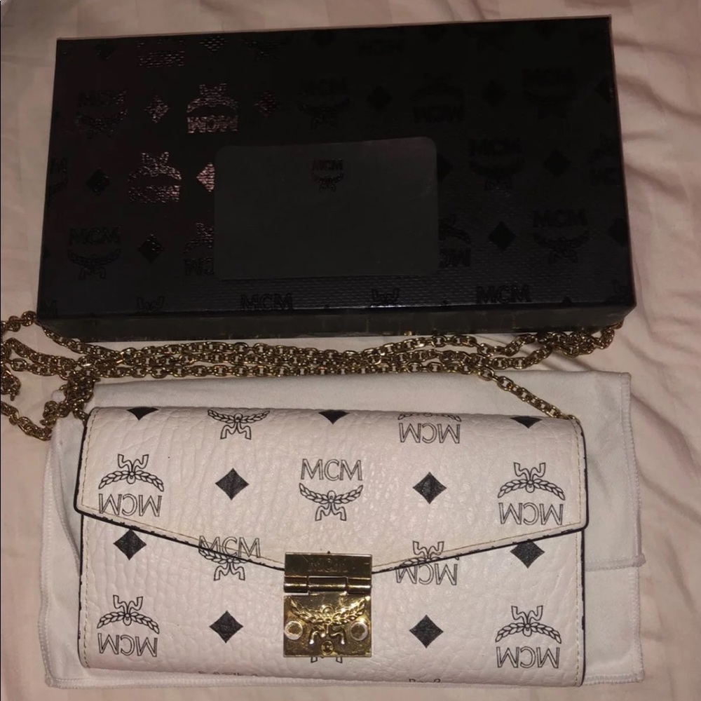 MCM white wallet with chain